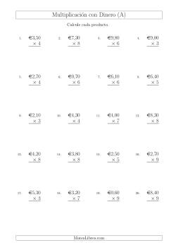 Multiplicar Diferentes Cantidades de Euros en Incrementos de 10 Céntimos por Multiplicadores de Un Dígito