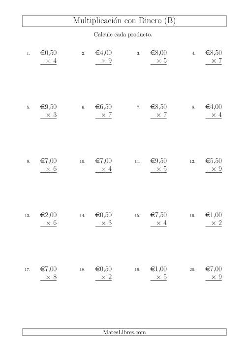 La hoja de ejercicios de Multiplicar Diferentes Cantidades de Euros en Incrementos de 50 Céntimos por Multiplicadores de Un Dígito (B)
