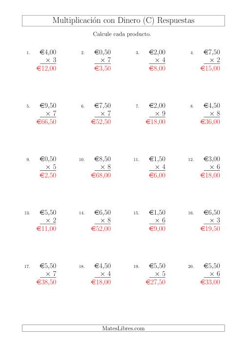 La hoja de ejercicios de Multiplicar Diferentes Cantidades de Euros en Incrementos de 50 Céntimos por Multiplicadores de Un Dígito (C) Página 2