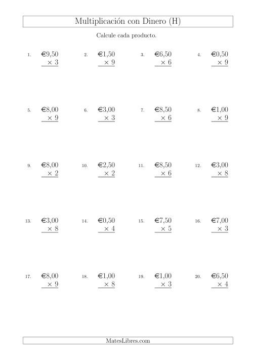 La hoja de ejercicios de Multiplicar Diferentes Cantidades de Euros en Incrementos de 50 Céntimos por Multiplicadores de Un Dígito (H)