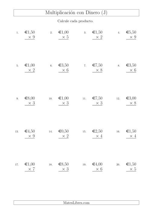 La hoja de ejercicios de Multiplicar Diferentes Cantidades de Euros en Incrementos de 50 Céntimos por Multiplicadores de Un Dígito (J)