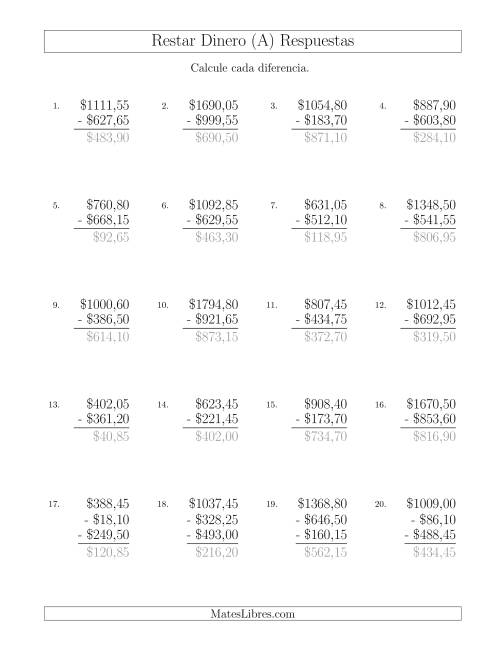 La hoja de ejercicios de Restar Pesos Mexicanos con Cantidades hasta $1000 con Incrementos de 5 Centavos (A) Página 2