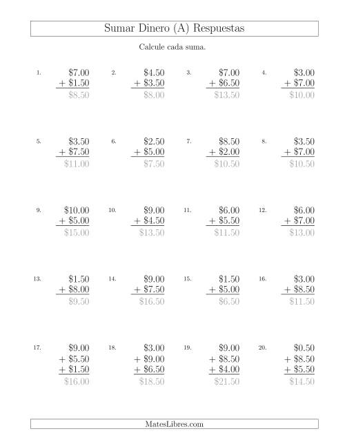 La hoja de ejercicios de Sumar Dólares con Cantidades hasta $10 con Incrementos de 50 Centavos (A) Página 2