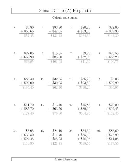La hoja de ejercicios de Sumar Pesos Mexicanos con Cantidades hasta $100 con Incrementos de 5 Centavos (A) Página 2