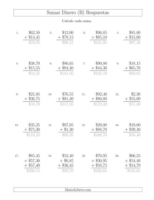 La hoja de ejercicios de Sumar Pesos Mexicanos con Cantidades hasta $100 con Incrementos de 5 Centavos (B) Página 2