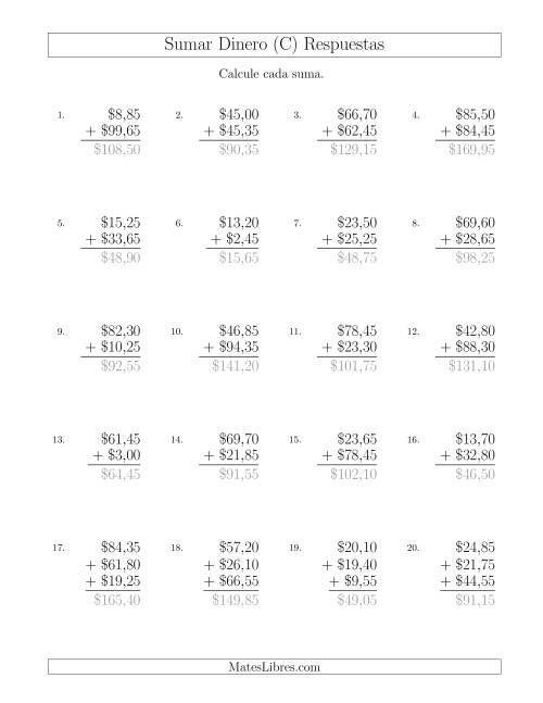 La hoja de ejercicios de Sumar Pesos Mexicanos con Cantidades hasta $100 con Incrementos de 5 Centavos (C) Página 2