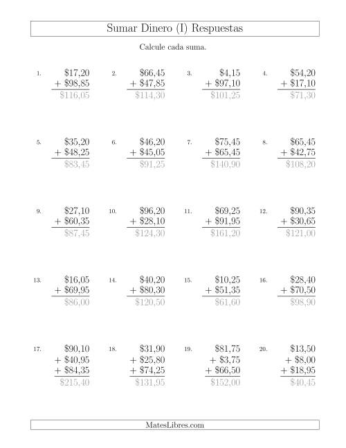 La hoja de ejercicios de Sumar Pesos Mexicanos con Cantidades hasta $100 con Incrementos de 5 Centavos (I) Página 2