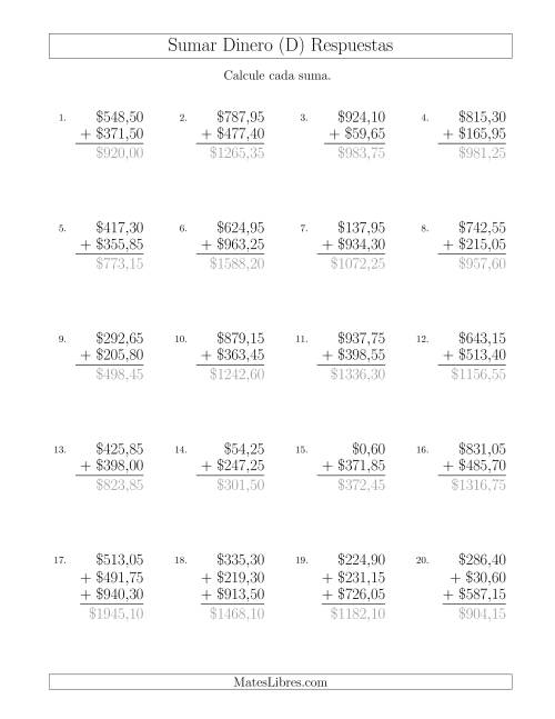 La hoja de ejercicios de Sumar Pesos Mexicanos con Cantidades hasta $1000 con Incrementos de 5 Centavos (D) Página 2