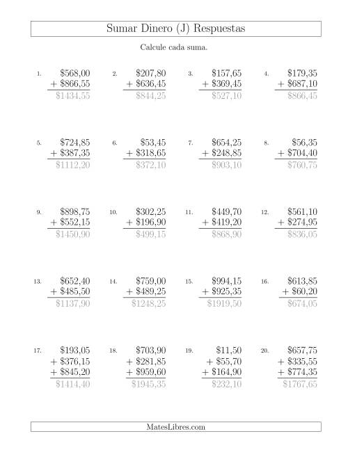 La hoja de ejercicios de Sumar Pesos Mexicanos con Cantidades hasta $1000 con Incrementos de 5 Centavos (J) Página 2