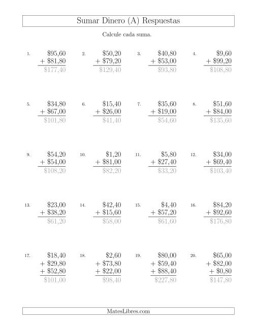 La hoja de ejercicios de Sumar Pesos Mexicanos con Cantidades hasta $100 con Incrementos de 20 Centavos (Todas) Página 2