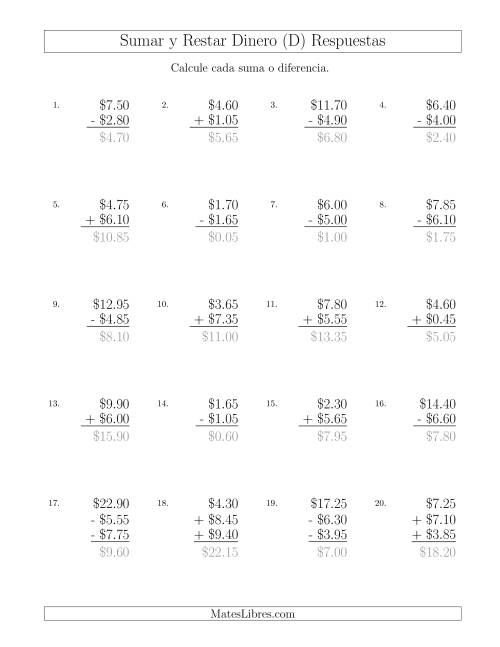 La hoja de ejercicios de Sumar y Restar Dólares con Cantidades hasta $10 con Incrementos de 5 Centavos (D) Página 2