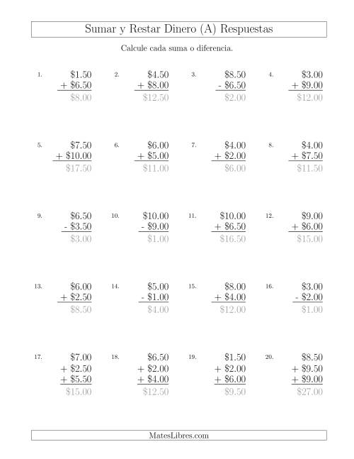 La hoja de ejercicios de Sumar y Restar Dólares con Cantidades hasta $10 con Incrementos de 50 Centavos (A) Página 2