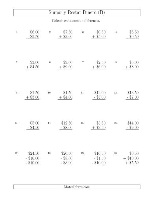 La hoja de ejercicios de Sumar y Restar Dólares con Cantidades hasta $10 con Incrementos de 50 Centavos (B)