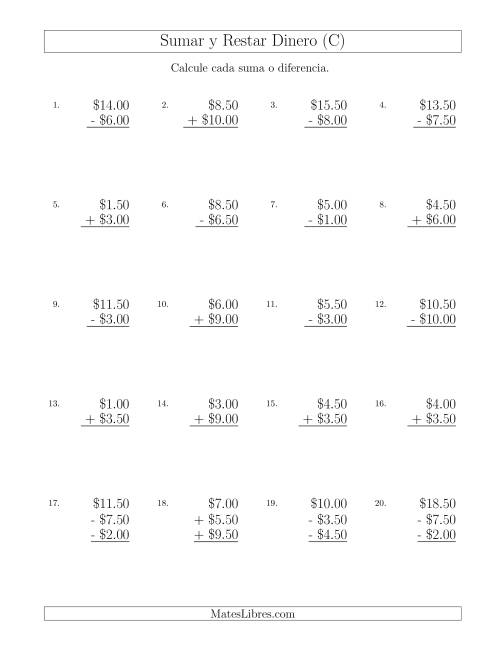 La hoja de ejercicios de Sumar y Restar Dólares con Cantidades hasta $10 con Incrementos de 50 Centavos (C)