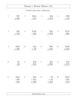 Sumar y Restar Pesos Mexicanos con Cantidades hasta $100 con Incrementos de $2