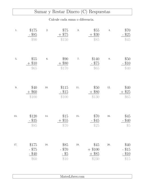 La hoja de ejercicios de Sumar y Restar Pesos Mexicanos con Cantidades hasta $100 con Incrementos de $5 (C) Página 2