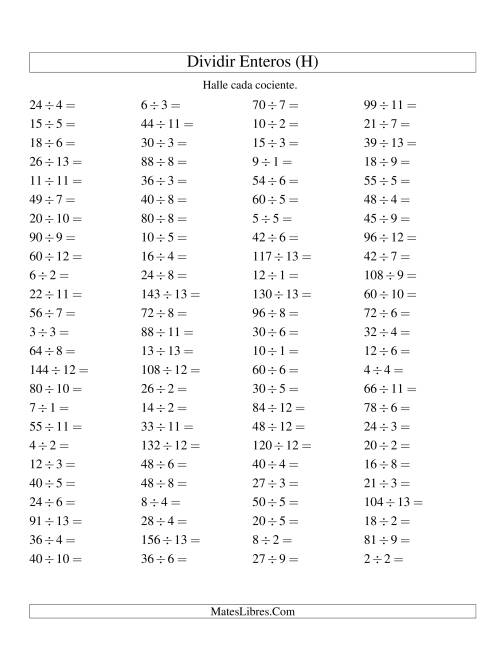La hoja de ejercicios de Divisiones Básicas hasta 169 (sin Ceros) (H)
