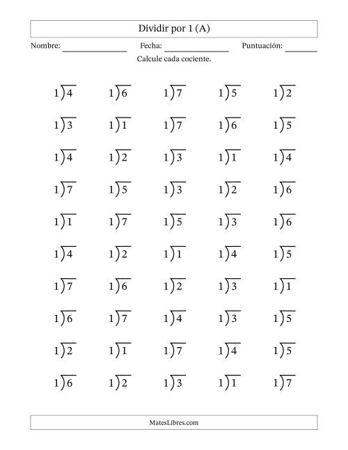 La hoja de ejercicios de Divisiones básicas por un divisor fijo (1) y cocientes desde 1 a 7 con símbolo/galera de división larga (50 preguntas) (A)