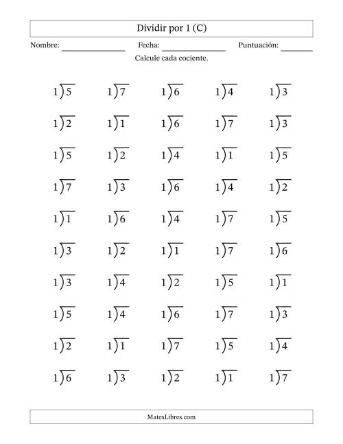 La hoja de ejercicios de Divisiones básicas por un divisor fijo (1) y cocientes desde 1 a 7 con símbolo/galera de división larga (50 preguntas) (C)