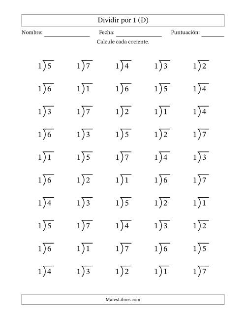 La hoja de ejercicios de Divisiones básicas por un divisor fijo (1) y cocientes desde 1 a 7 con símbolo/galera de división larga (50 preguntas) (D)