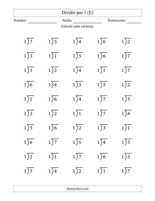La hoja de ejercicios de Divisiones básicas por un divisor fijo (1) y cocientes desde 1 a 7 con símbolo/galera de división larga (50 preguntas) (E)
