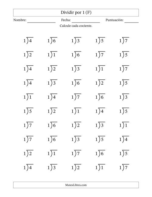 La hoja de ejercicios de Divisiones básicas por un divisor fijo (1) y cocientes desde 1 a 7 con símbolo/galera de división larga (50 preguntas) (F)