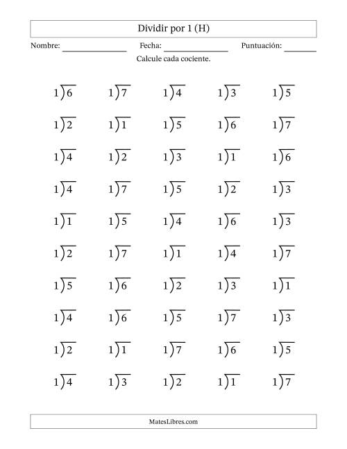 La hoja de ejercicios de Divisiones básicas por un divisor fijo (1) y cocientes desde 1 a 7 con símbolo/galera de división larga (50 preguntas) (H)