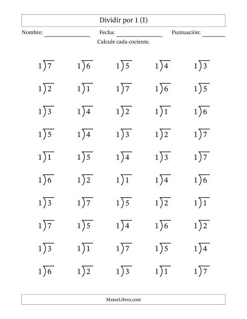 La hoja de ejercicios de Divisiones básicas por un divisor fijo (1) y cocientes desde 1 a 7 con símbolo/galera de división larga (50 preguntas) (I)