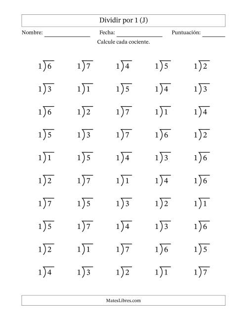 La hoja de ejercicios de Divisiones básicas por un divisor fijo (1) y cocientes desde 1 a 7 con símbolo/galera de división larga (50 preguntas) (J)