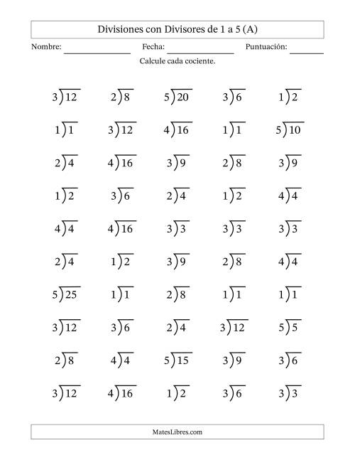 La hoja de ejercicios de Divisiones básicas con divisores y cocientes entre 1 y 5 con símbolo/galera de división larga (50 preguntas) (A)