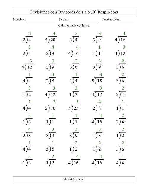 La hoja de ejercicios de Divisiones básicas con divisores y cocientes entre 1 y 5 con símbolo/galera de división larga (50 preguntas) (B) Página 2