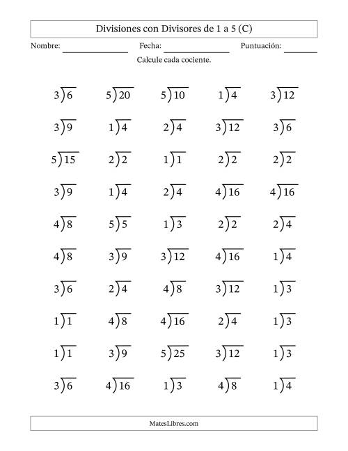La hoja de ejercicios de Divisiones básicas con divisores y cocientes entre 1 y 5 con símbolo/galera de división larga (50 preguntas) (C)