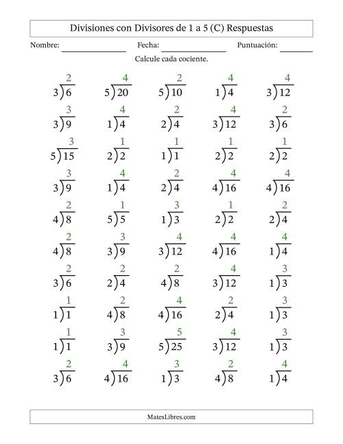 La hoja de ejercicios de Divisiones básicas con divisores y cocientes entre 1 y 5 con símbolo/galera de división larga (50 preguntas) (C) Página 2