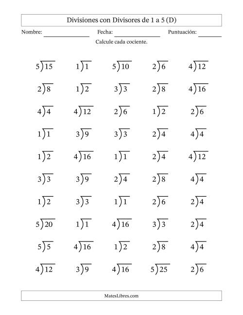 La hoja de ejercicios de Divisiones básicas con divisores y cocientes entre 1 y 5 con símbolo/galera de división larga (50 preguntas) (D)