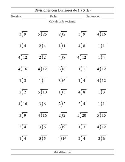 La hoja de ejercicios de Divisiones básicas con divisores y cocientes entre 1 y 5 con símbolo/galera de división larga (50 preguntas) (E)