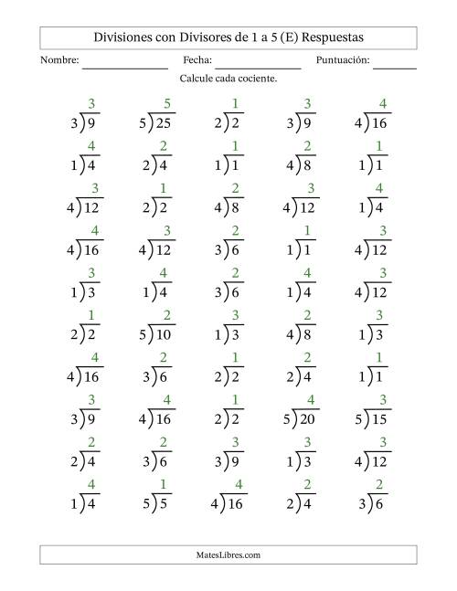 La hoja de ejercicios de Divisiones básicas con divisores y cocientes entre 1 y 5 con símbolo/galera de división larga (50 preguntas) (E) Página 2