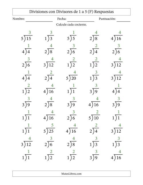 La hoja de ejercicios de Divisiones básicas con divisores y cocientes entre 1 y 5 con símbolo/galera de división larga (50 preguntas) (F) Página 2