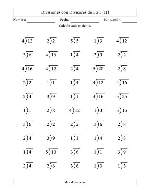 La hoja de ejercicios de Divisiones básicas con divisores y cocientes entre 1 y 5 con símbolo/galera de división larga (50 preguntas) (H)
