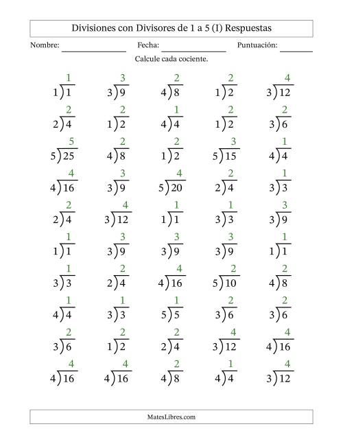 La hoja de ejercicios de Divisiones básicas con divisores y cocientes entre 1 y 5 con símbolo/galera de división larga (50 preguntas) (I) Página 2