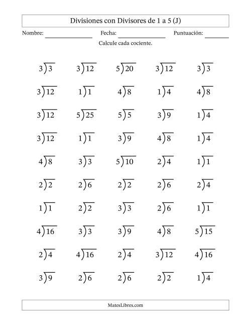 La hoja de ejercicios de Divisiones básicas con divisores y cocientes entre 1 y 5 con símbolo/galera de división larga (50 preguntas) (J)