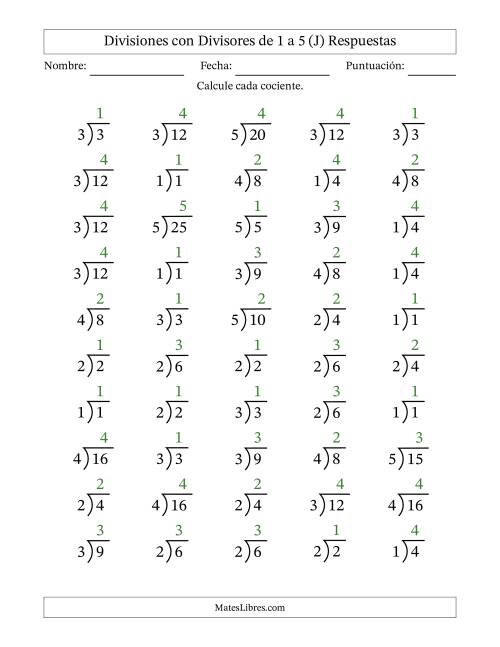 La hoja de ejercicios de Divisiones básicas con divisores y cocientes entre 1 y 5 con símbolo/galera de división larga (50 preguntas) (J) Página 2