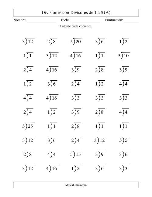 La hoja de ejercicios de Divisiones básicas con divisores y cocientes entre 1 y 5 con símbolo/galera de división larga (50 preguntas) (Todas)