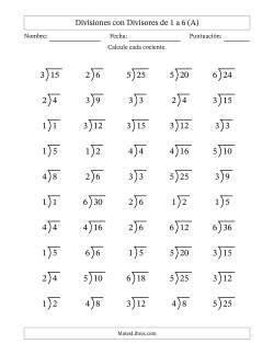 Divisiones básicas con divisores y cocientes entre 1 y 6 con símbolo/galera de división larga (50 preguntas)