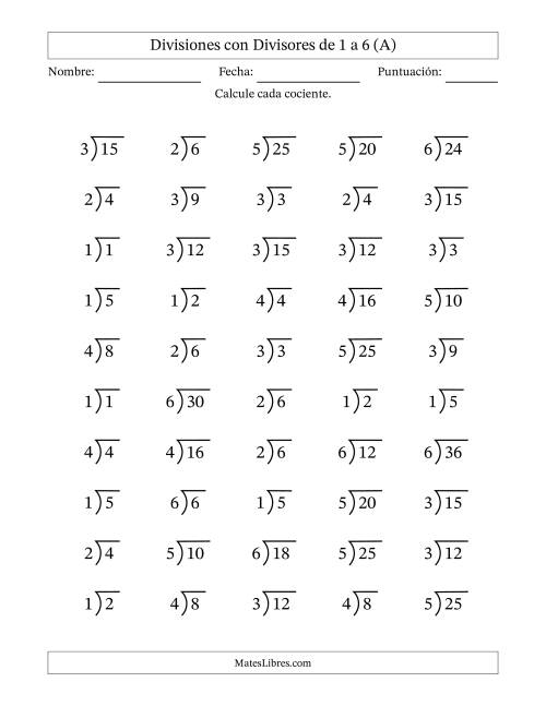La hoja de ejercicios de Divisiones básicas con divisores y cocientes entre 1 y 6 con símbolo/galera de división larga (50 preguntas) (A)