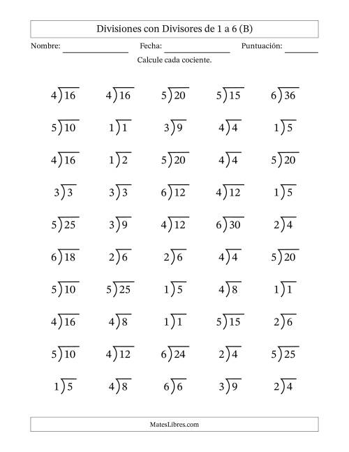 La hoja de ejercicios de Divisiones básicas con divisores y cocientes entre 1 y 6 con símbolo/galera de división larga (50 preguntas) (B)