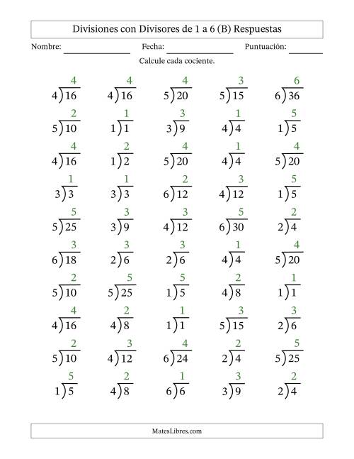La hoja de ejercicios de Divisiones básicas con divisores y cocientes entre 1 y 6 con símbolo/galera de división larga (50 preguntas) (B) Página 2
