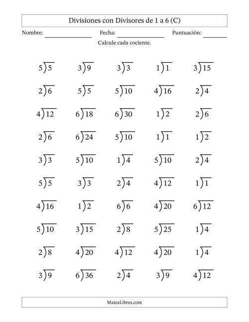 La hoja de ejercicios de Divisiones básicas con divisores y cocientes entre 1 y 6 con símbolo/galera de división larga (50 preguntas) (C)