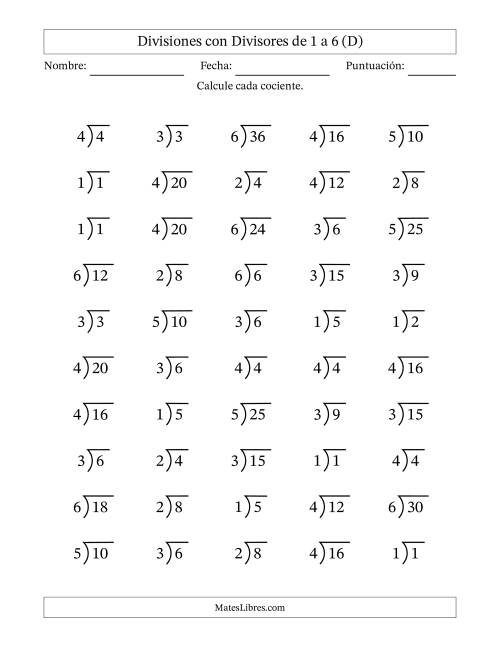 La hoja de ejercicios de Divisiones básicas con divisores y cocientes entre 1 y 6 con símbolo/galera de división larga (50 preguntas) (D)