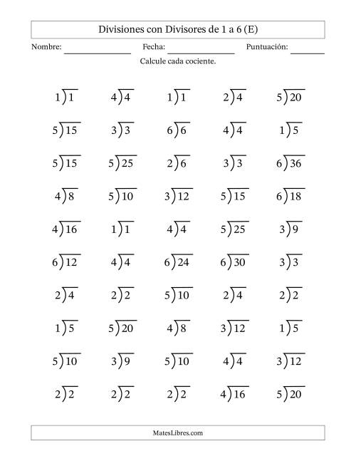 La hoja de ejercicios de Divisiones básicas con divisores y cocientes entre 1 y 6 con símbolo/galera de división larga (50 preguntas) (E)