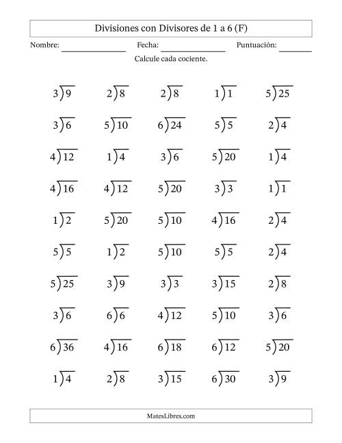 La hoja de ejercicios de Divisiones básicas con divisores y cocientes entre 1 y 6 con símbolo/galera de división larga (50 preguntas) (F)